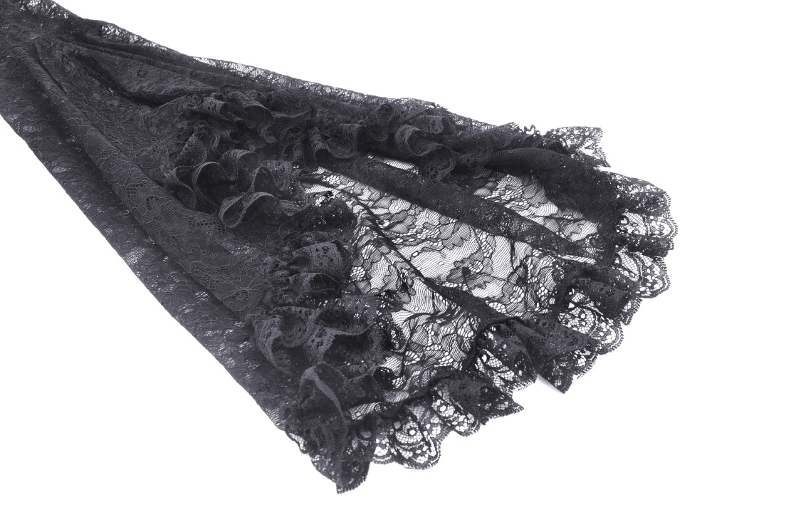 Close-up of elegant black lace fabric with ruffled edges, perfect for a Victorian-style bolero shrug.