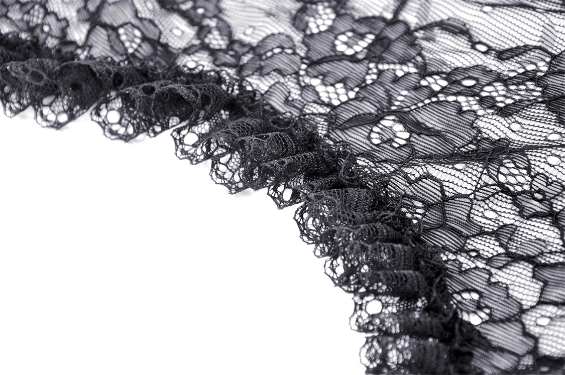 Close-up of black lace with ruffled edge, perfect for a gothic Victorian bolero shrug top.