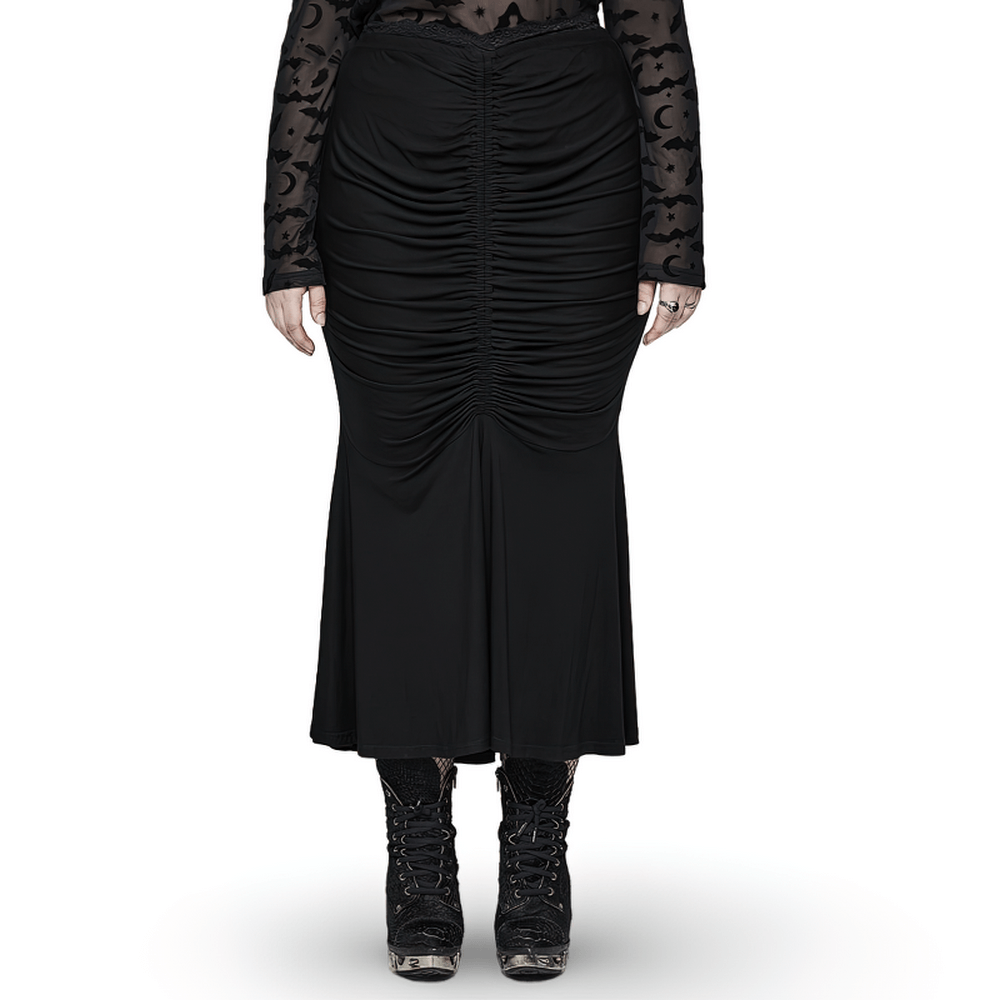 Elegant black lace-waist modal fishtail skirt with front pleats, showcasing a chic slim fit and sophisticated silhouette.