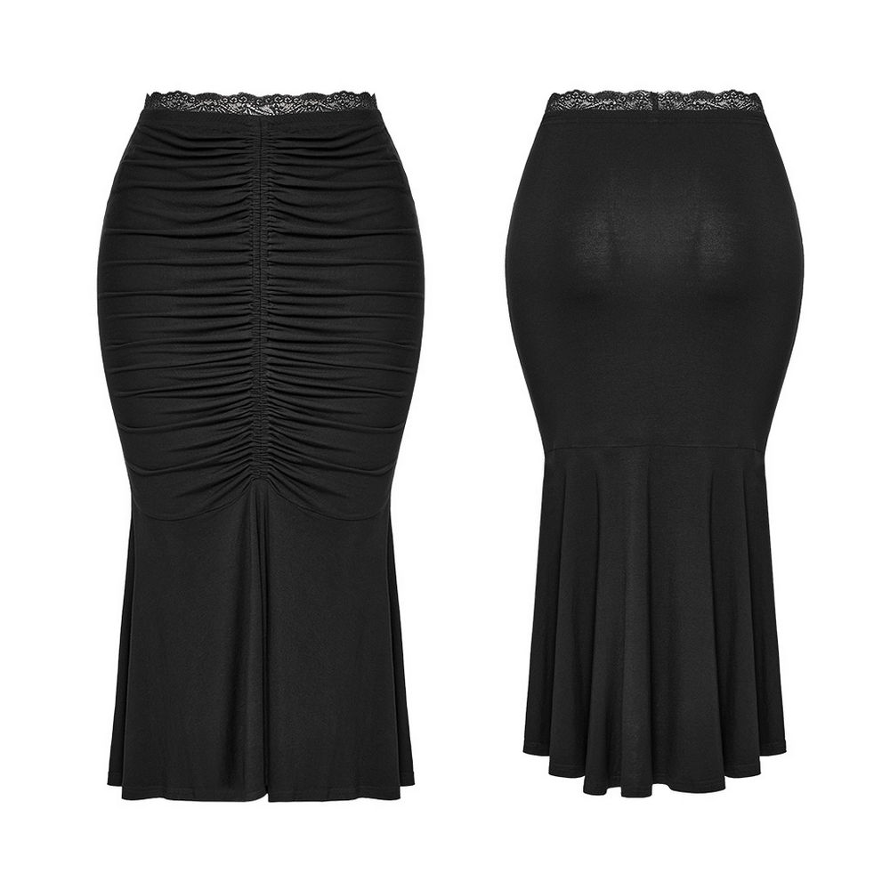 Black lace-waist modal fishtail skirt featuring ruched detailing and elegant flare for a chic silhouette.