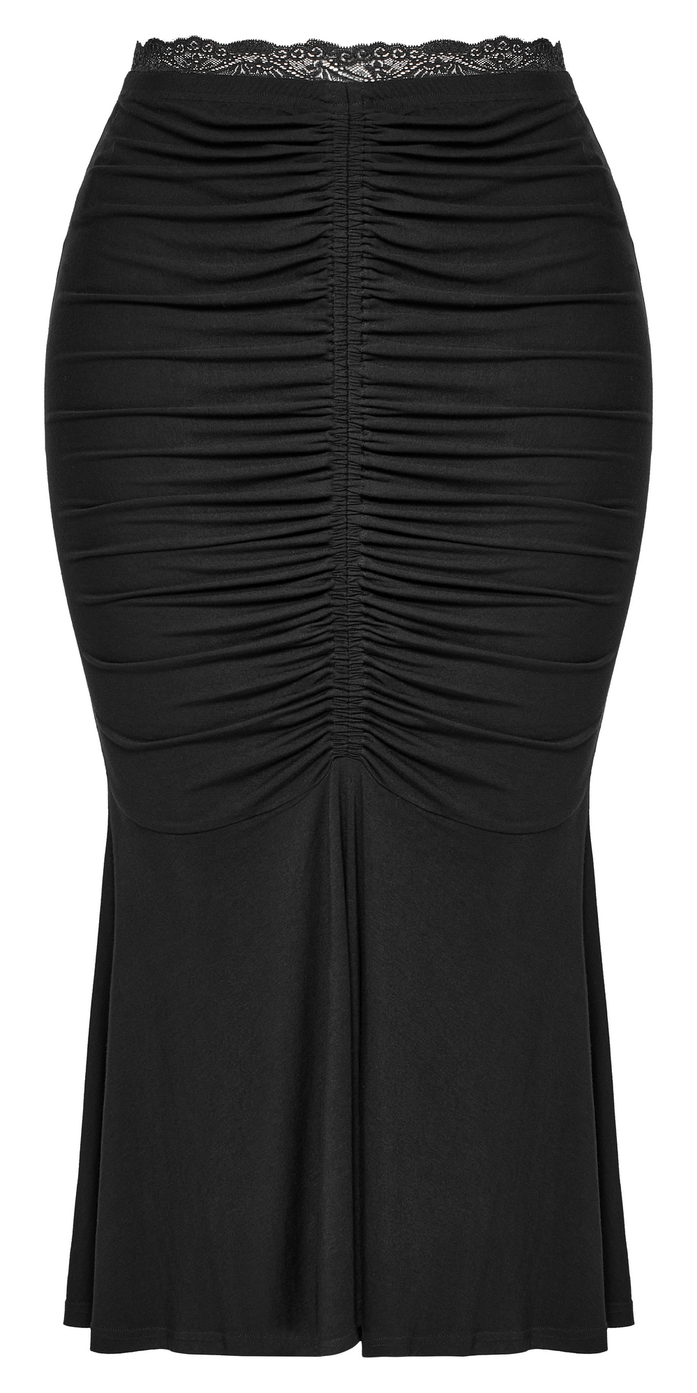 Elegant black fishtail skirt with lace waist and ruching, accentuating curves in a chic design.