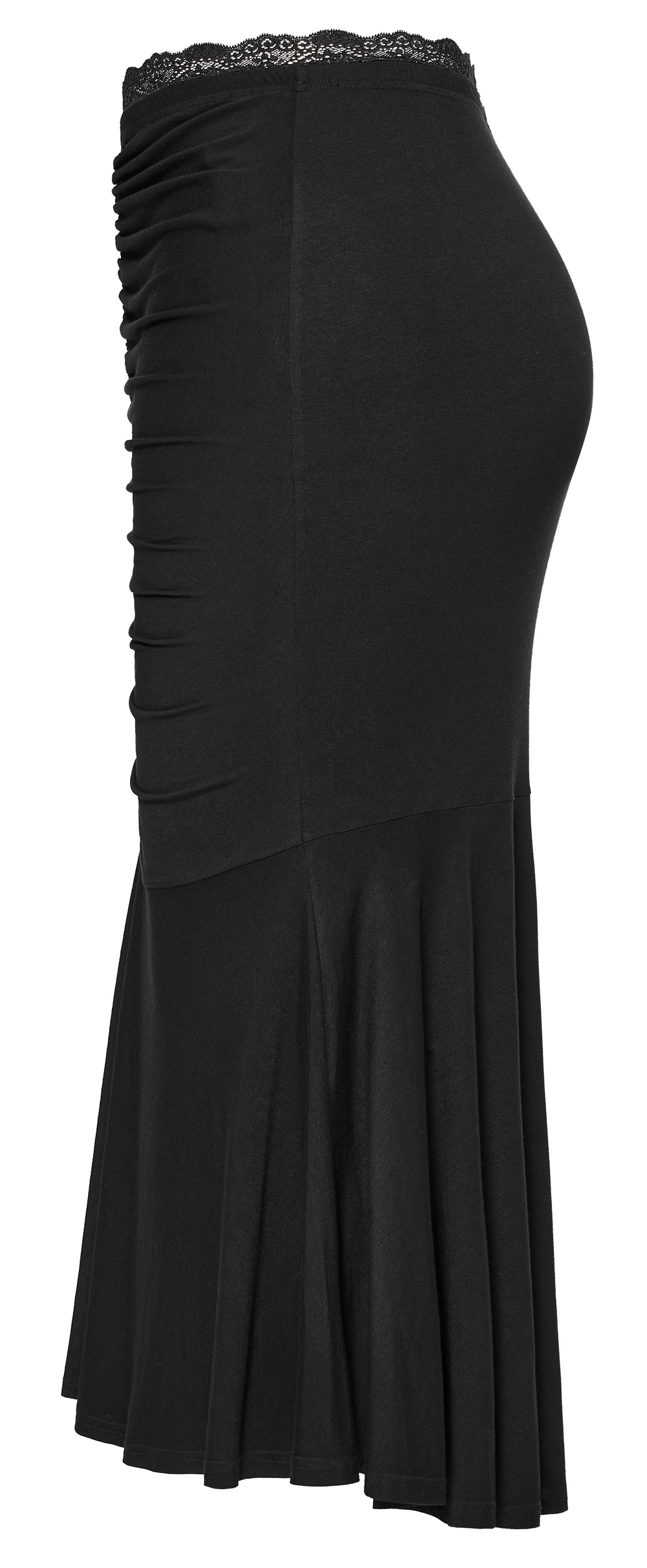 Lace-waist modal fishtail skirt showcasing chic pleats and a flattering silhouette in elegant black for a sophisticated look.