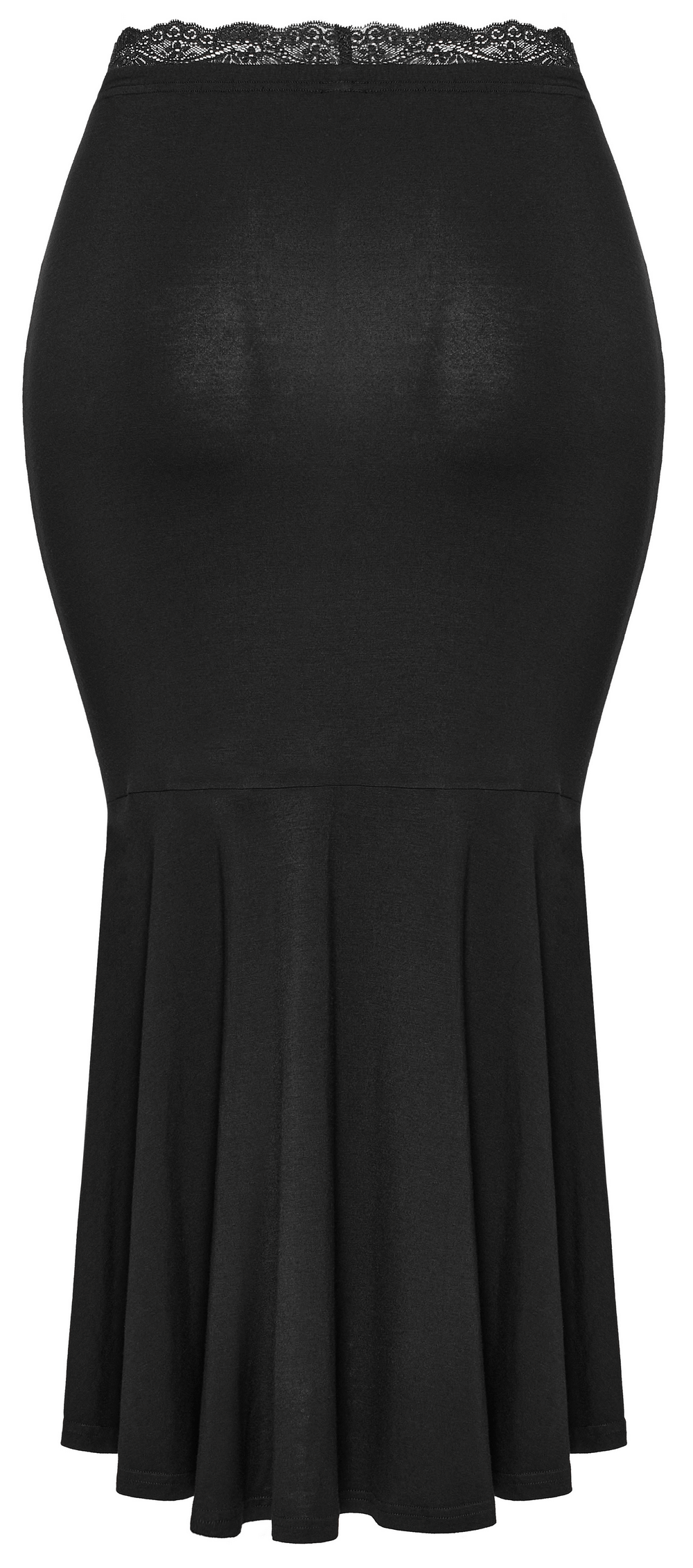 Lace-waist black modal fishtail skirt showcasing chic slim fit and elegant design with a flared hem.