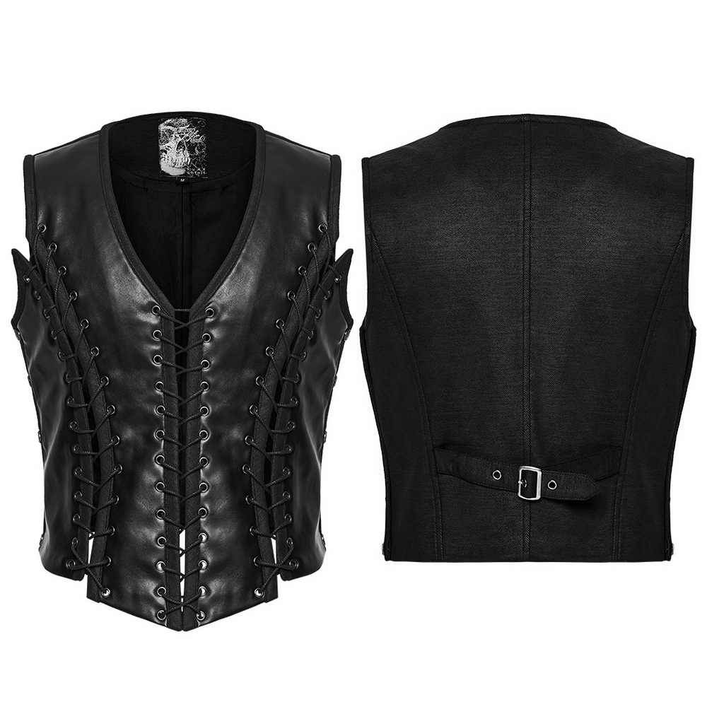 Laced Faux Leather Gothic Vest with Adjustable Sides showcasing front and back designs, featuring metal lacing and tailored fit.
