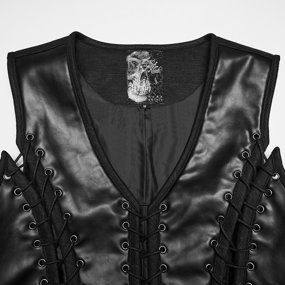 Laced Faux Leather Gothic Vest with Adjustable Sides featuring intricate metal lacing and a skull print logo.