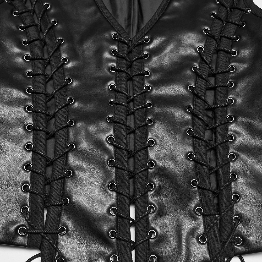 Laced Faux Leather Gothic Vest with Adjustable Sides featuring intricate metal lacing detail and textured faux leather.