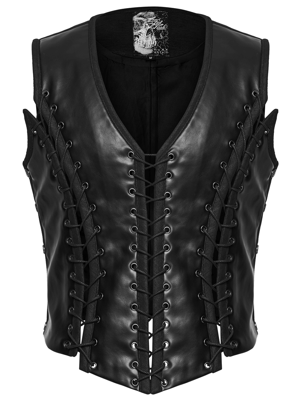Laced Faux Leather Gothic Vest with Adjustable Sides featuring metal lacing and a sleek black design.
