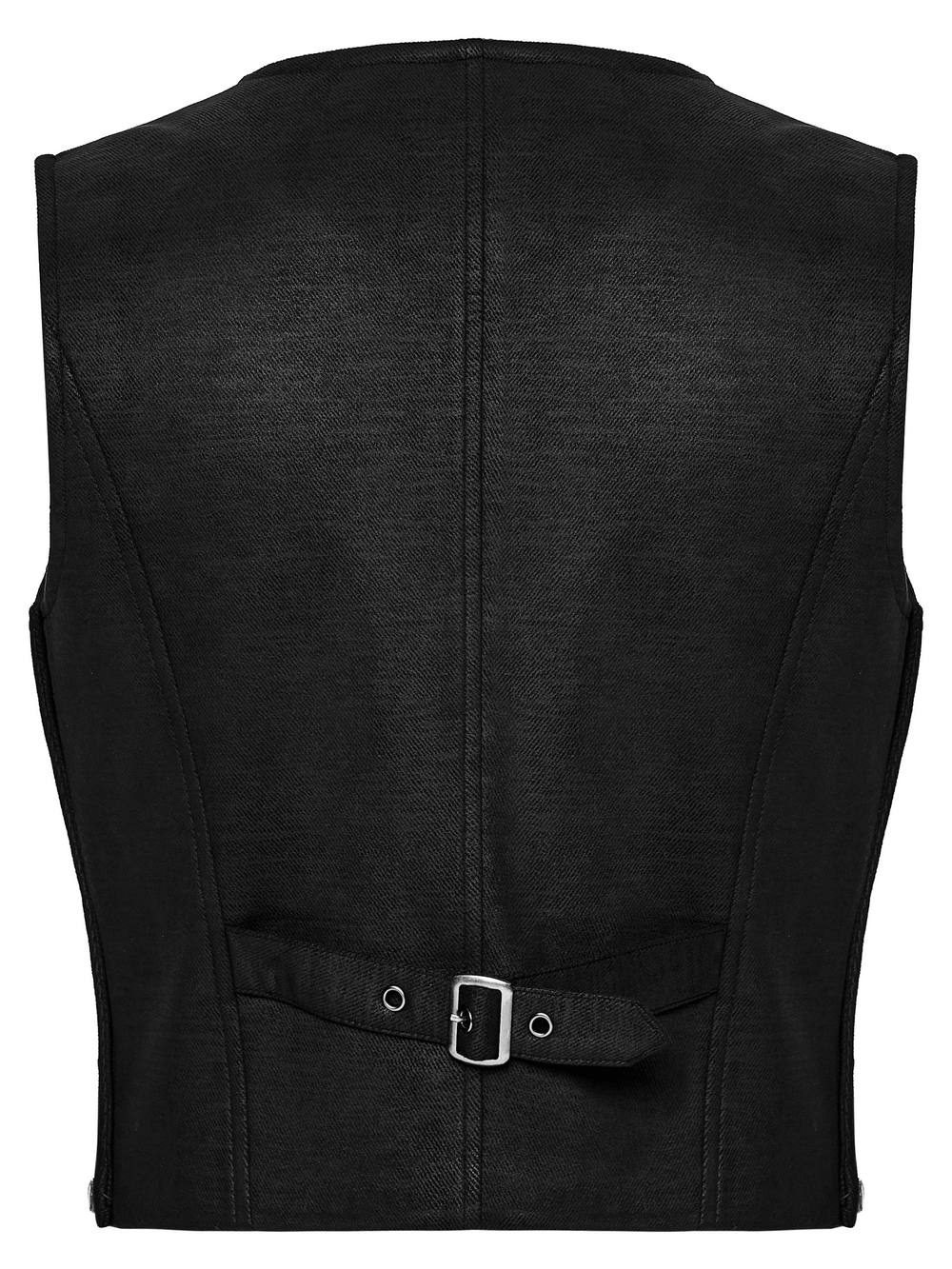 Back view of the Laced Faux Leather Gothic Vest with Adjustable Sides featuring a buckled waist strap.