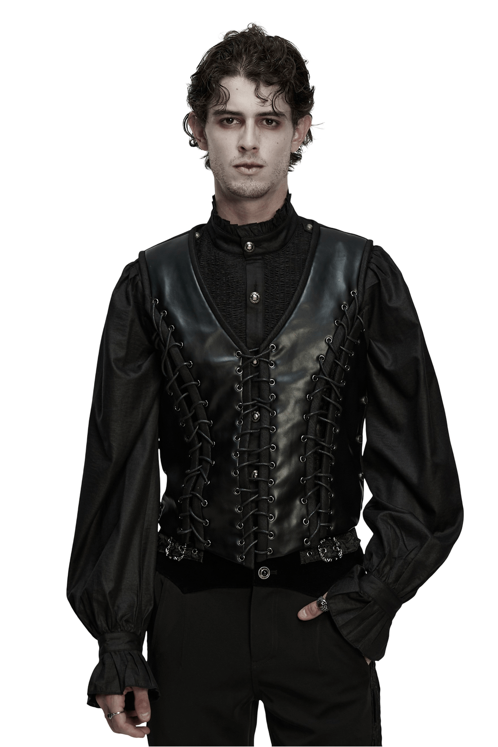 Laced Faux Leather Gothic Vest with Adjustable Sides displayed on model, featuring metal lacing and a tailored fit.