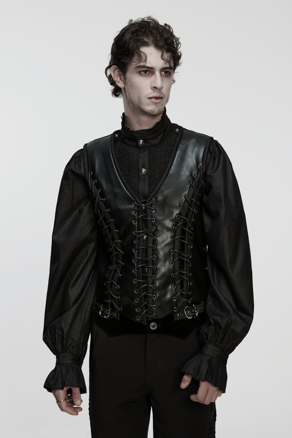 Laced Faux Leather Gothic Vest with Adjustable Sides worn by a model showcasing its stylish design and metal lacing details.