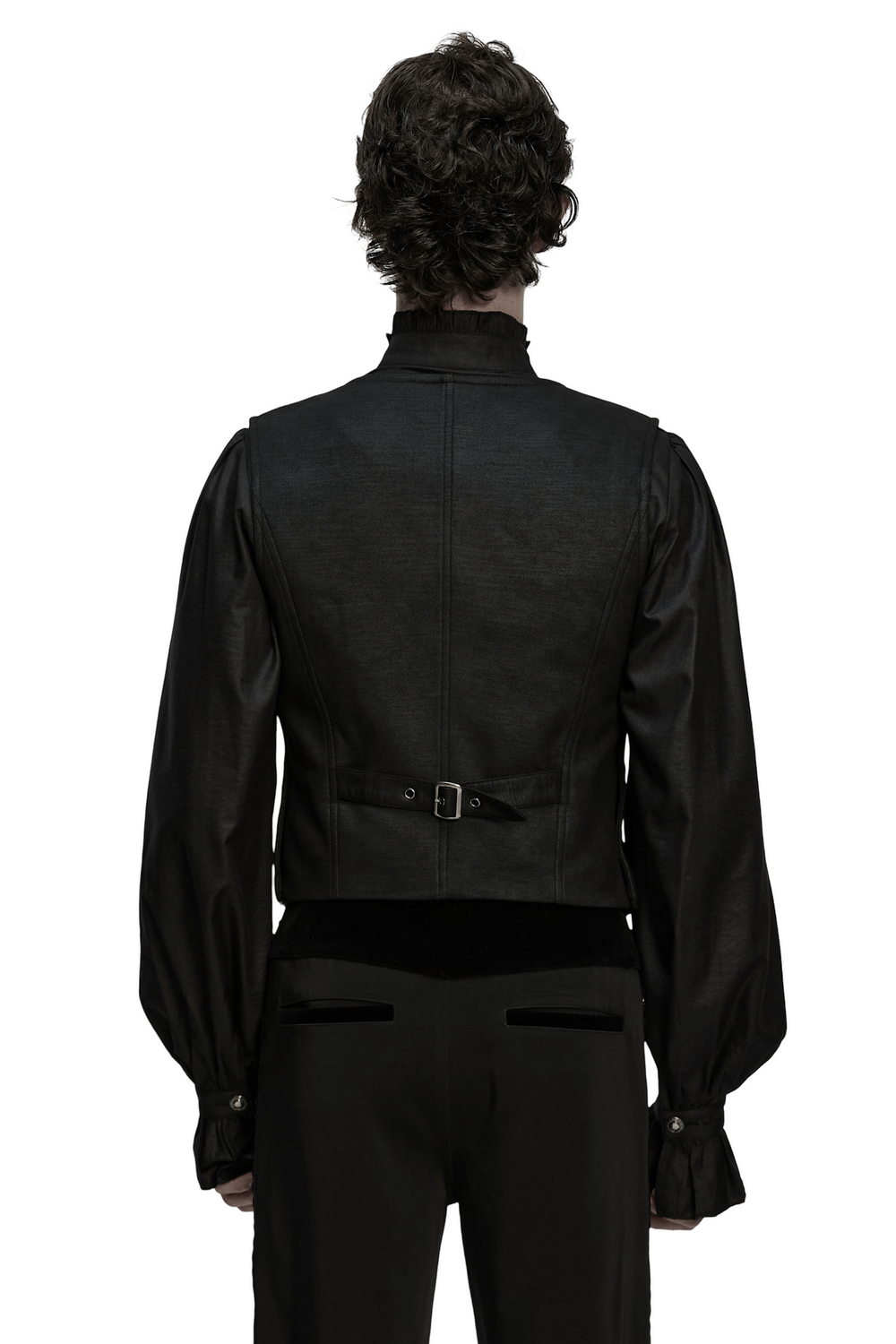 Back view of a model wearing a Laced Faux Leather Gothic Vest with Adjustable Sides, showcasing its sleek design and fitted silhouette.
