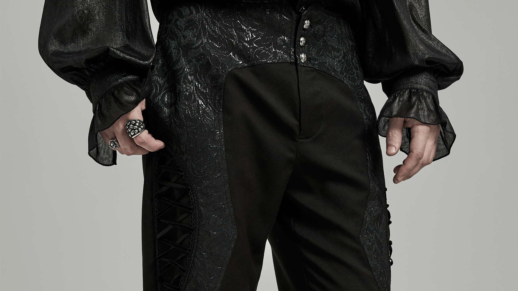 Pantalon noir gothique lacé avec détail jacquard pour homme