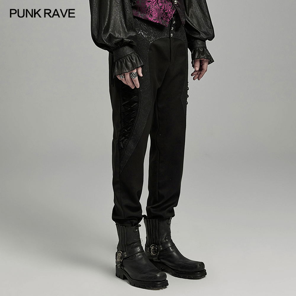 Pantalon noir gothique lacé avec détail jacquard pour homme
