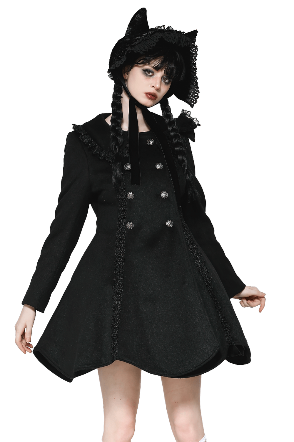 Elegant black Victorian style coat with lace trim, double-breasted design, worn by a model with a matching hat.