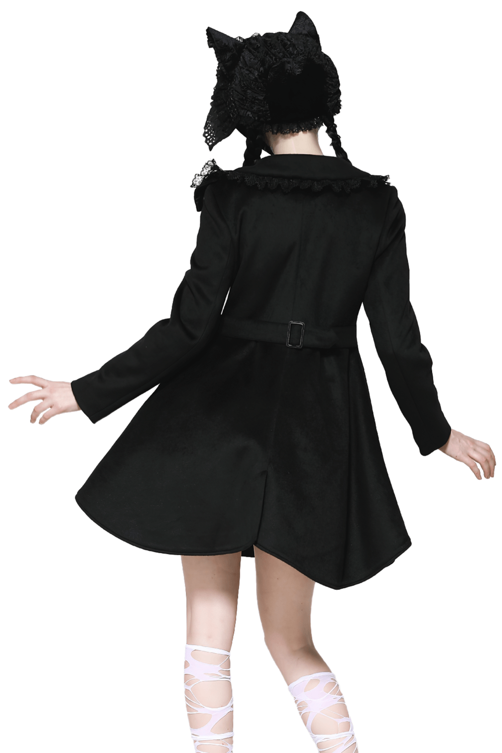 Elegant ladies black Victorian style coat with lace trim, showing back view and playful details like a Peter Pan collar and belt.