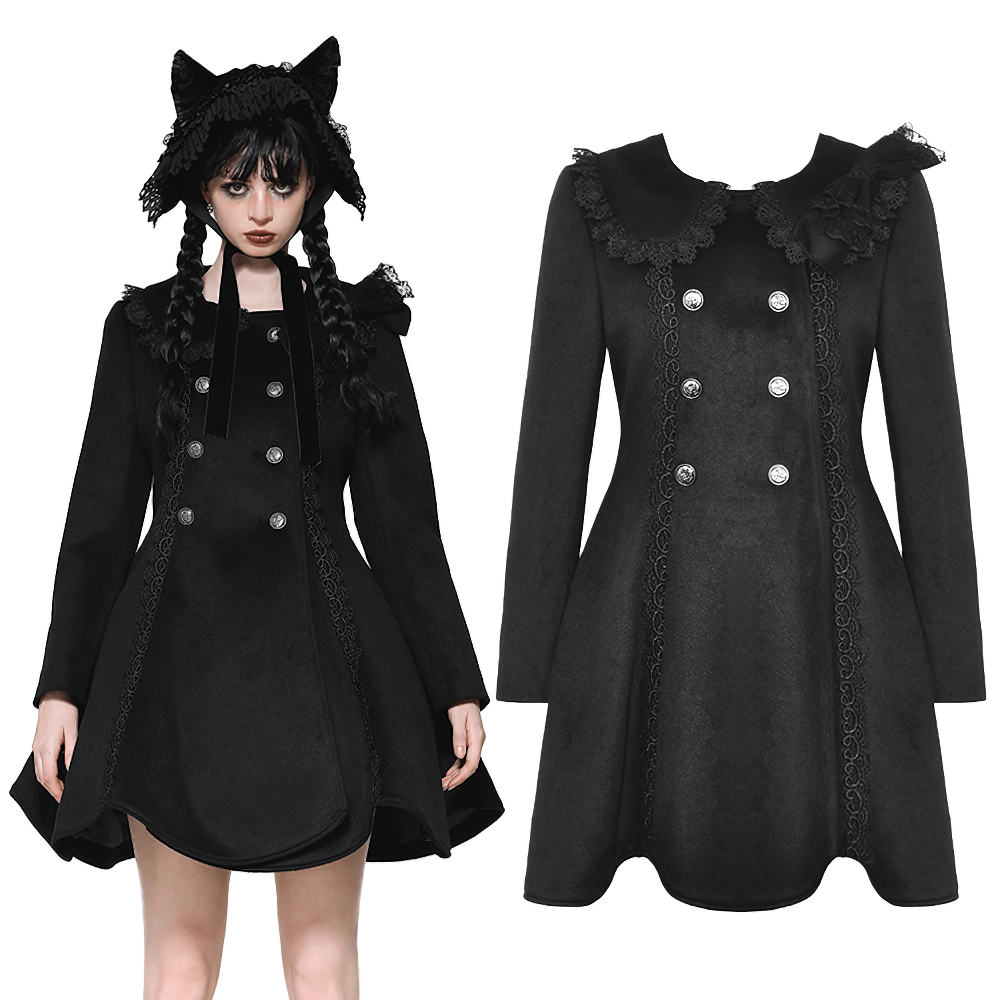 Elegant ladies black Victorian-style coat with lace trim and shiny buttons, perfect for a sophisticated look.