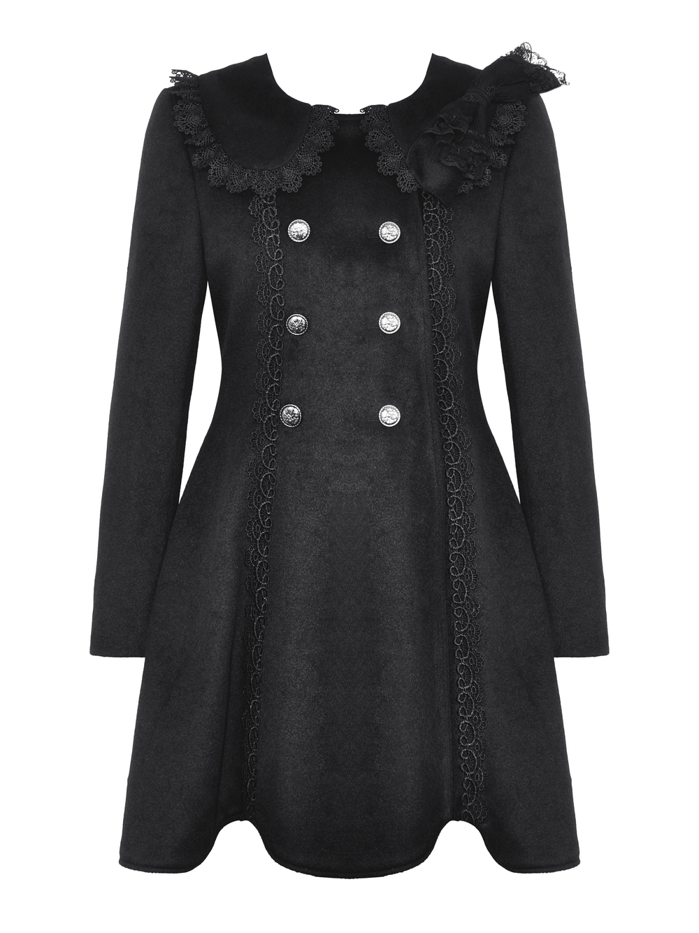 Elegant ladies black Victorian style coat with lace trim and silver buttons, perfect for evening outings and chic ensembles.