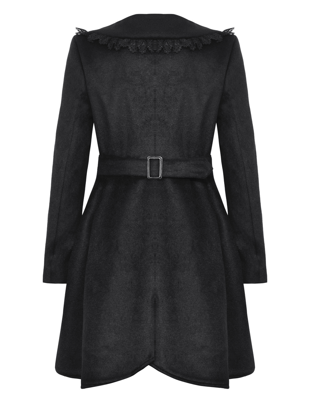 Back view of a ladies black Victorian style coat with lace trim and stylish belt, perfect for elegant evening wear.