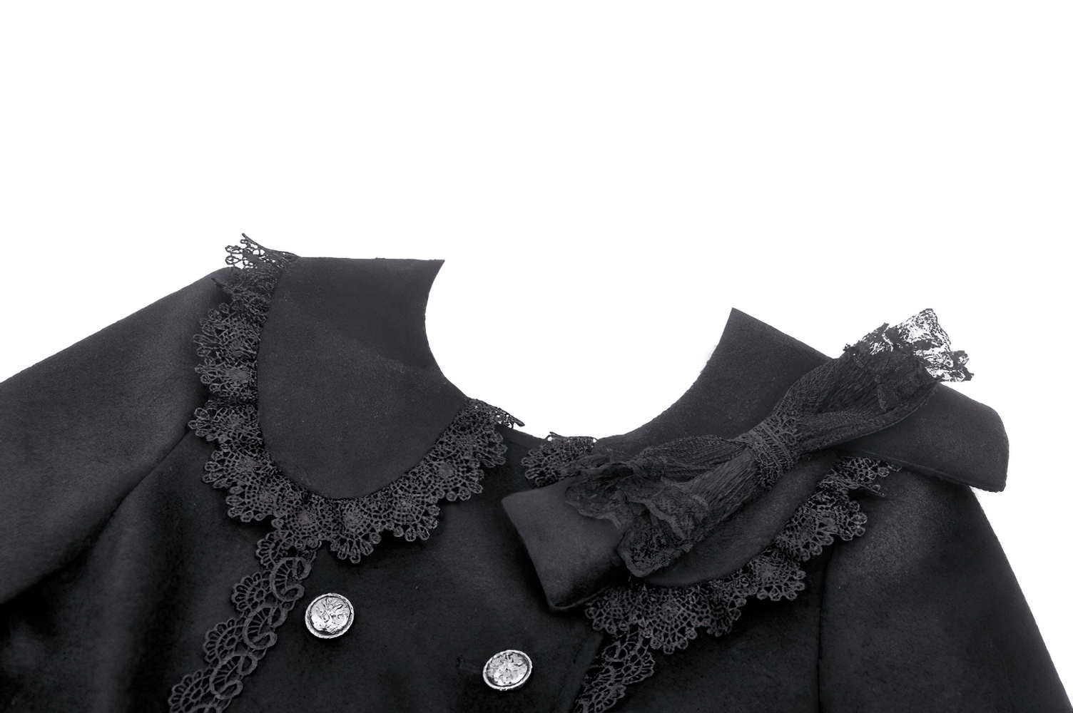 Elegant black Victorian coat with lace trim and Peter Pan collar, featuring shiny silver buttons for a sophisticated look.