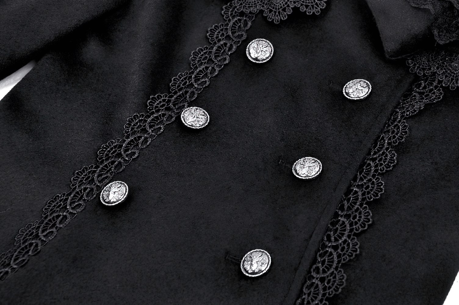 Elegant black Victorian coat with lace trim and shiny silver buttons, perfect for sophisticated evening wear.