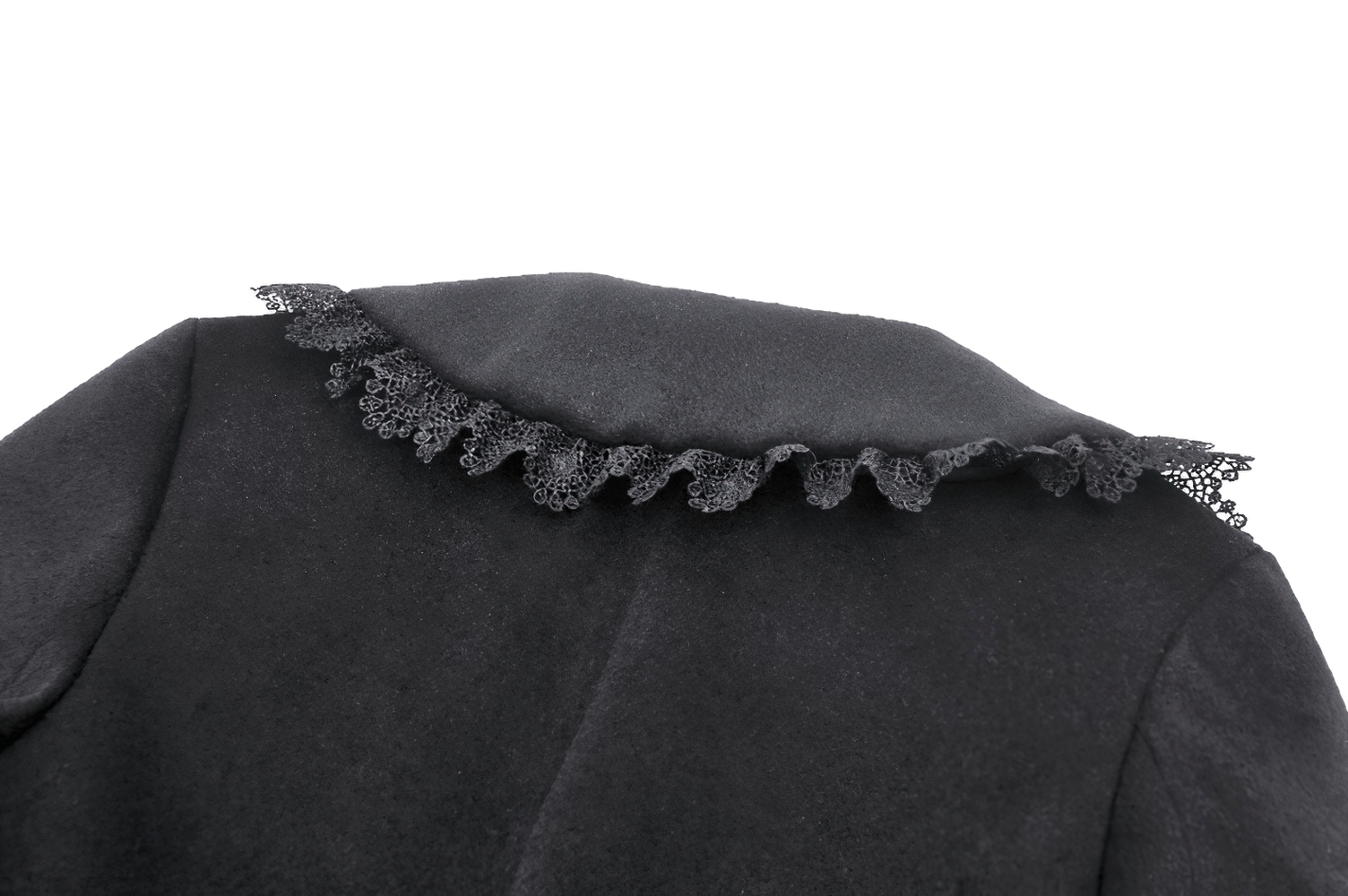 Close-up of the lace trim on the collar of a black Victorian style coat, showcasing intricate detailing.