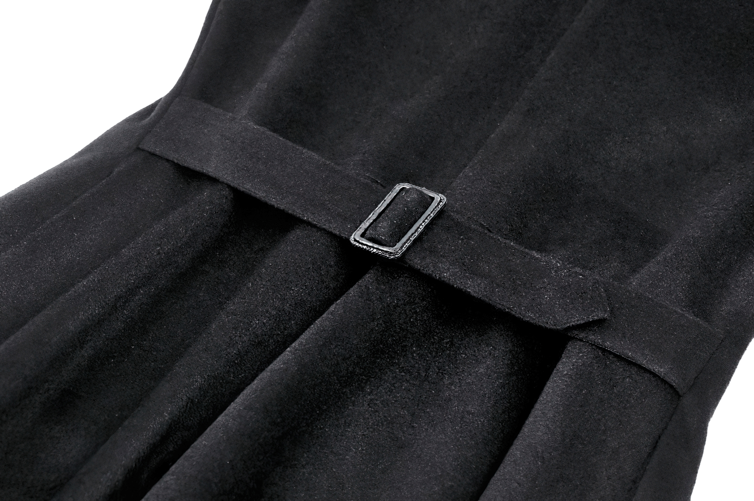 Close-up of a black Victorian style coat belt with a silver buckle, showcasing elegant folds and textures.