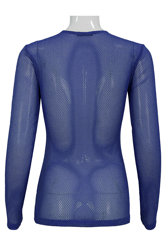 Back view of a ladies blue long-sleeved mesh top, showcasing stylish and comfortable breathable fabric.