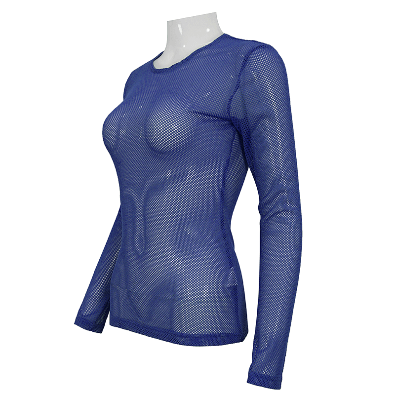 Stylish women's blue long-sleeved mesh top, perfect for alternative fashion and comfortable wear.