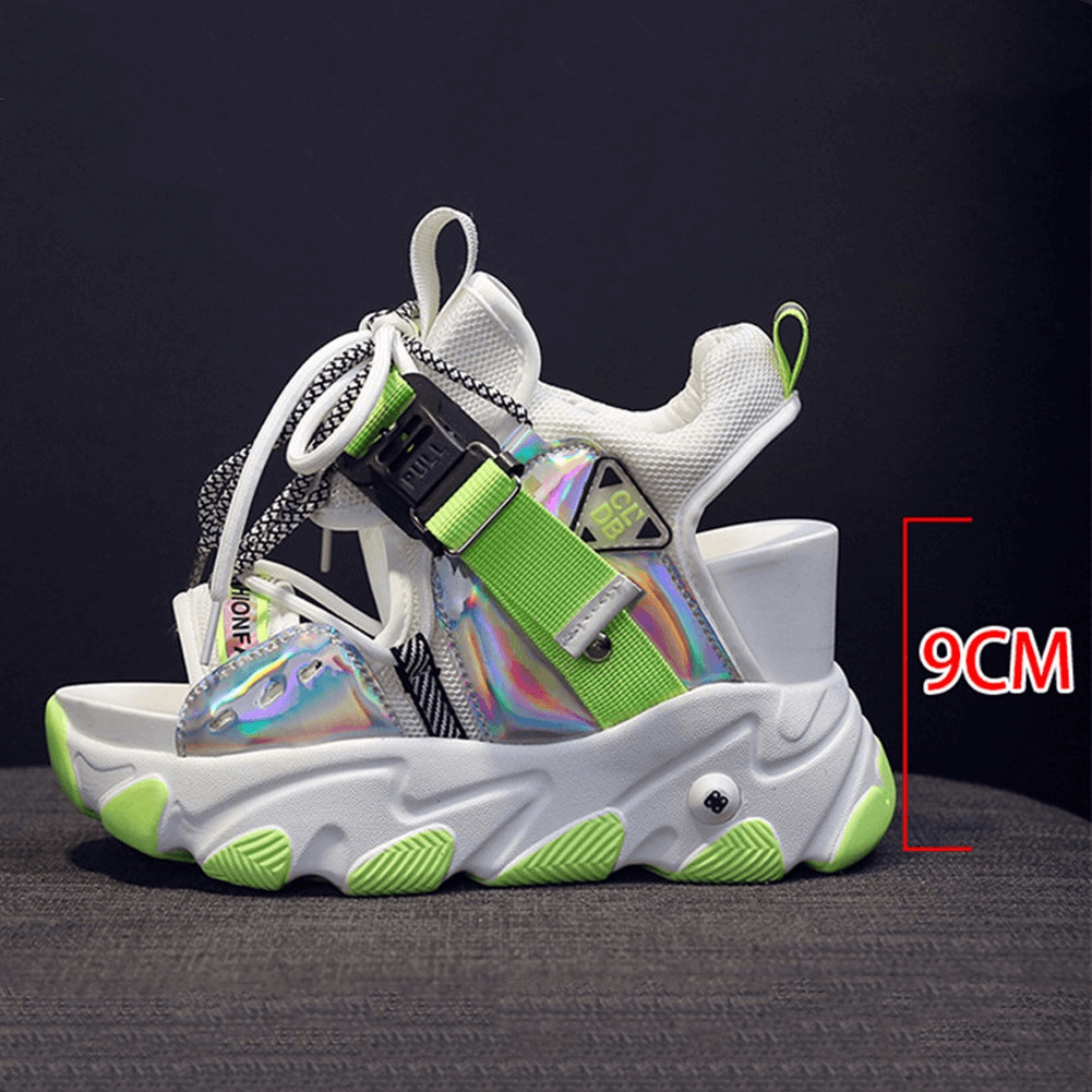 Ladies chunky platform sandals with buckle, colorful design, 9cm heel, perfect for summer casual outfits.