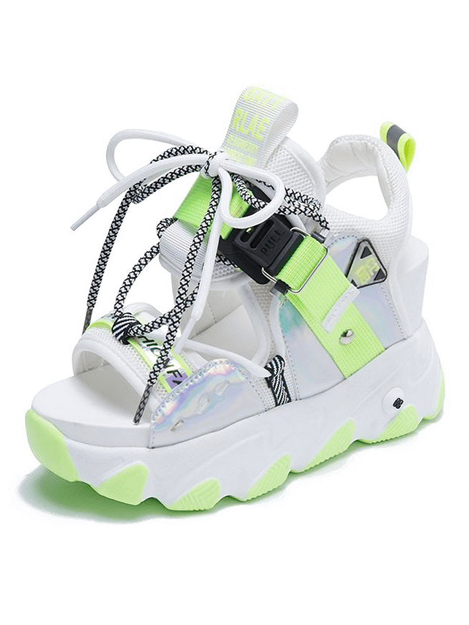 Ladies chunky platform sandals with buckle strap in mixed colors for a stylish summer look.