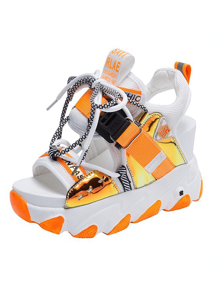 Ladies chunky platform sandals with buckle strap in vibrant mixed colors for summer casual style.