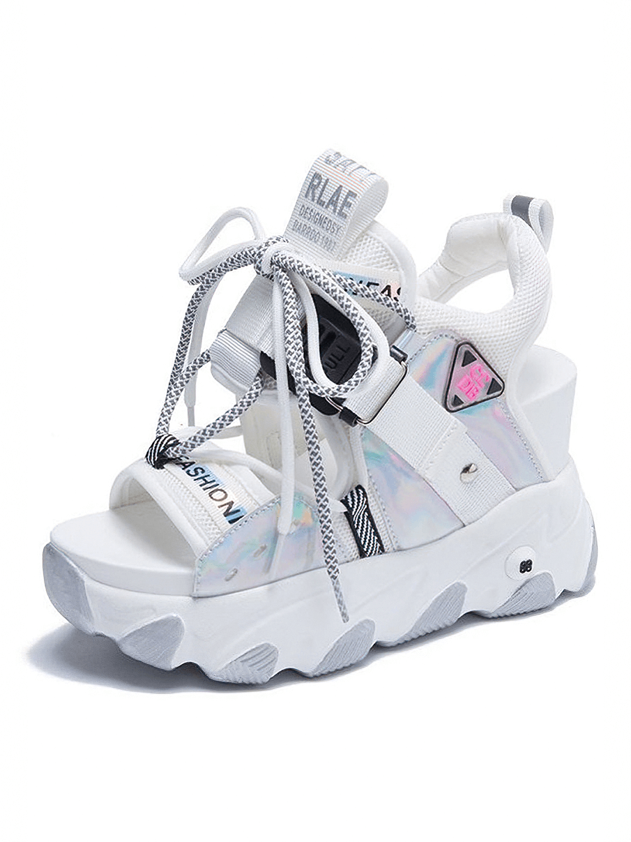 Ladies chunky platform sandals with buckle strap, mixed color for casual summer style.