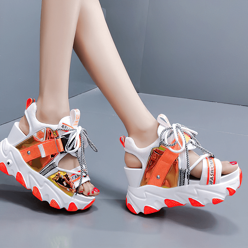 Ladies chunky platform sandals with buckle strap in mixed colors, perfect for summer casual styles.