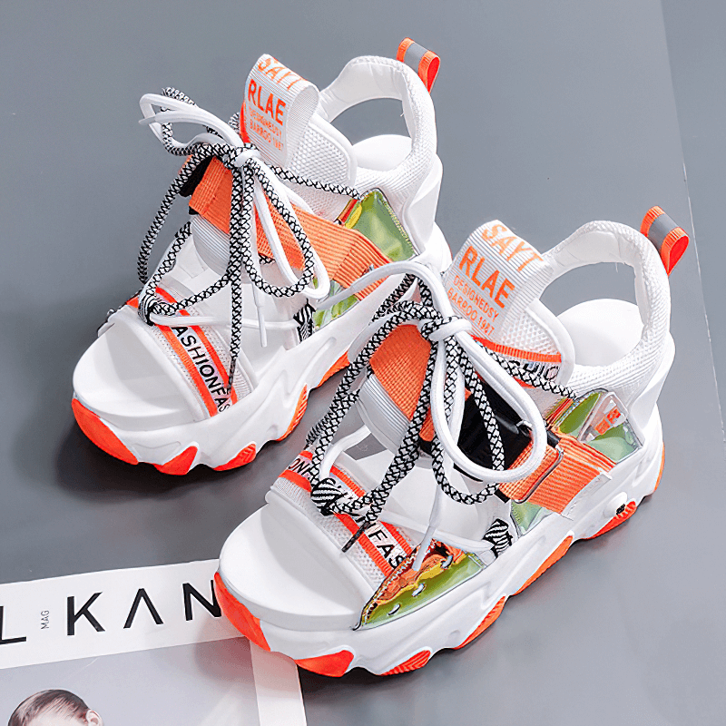 Ladies chunky platform sandals with buckle strap in mixed colors, perfect for summer casual wear.