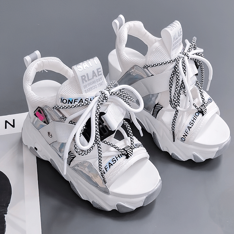 Ladies chunky platform sandals with buckle strap, trendy mixed color design for summer casual wear.