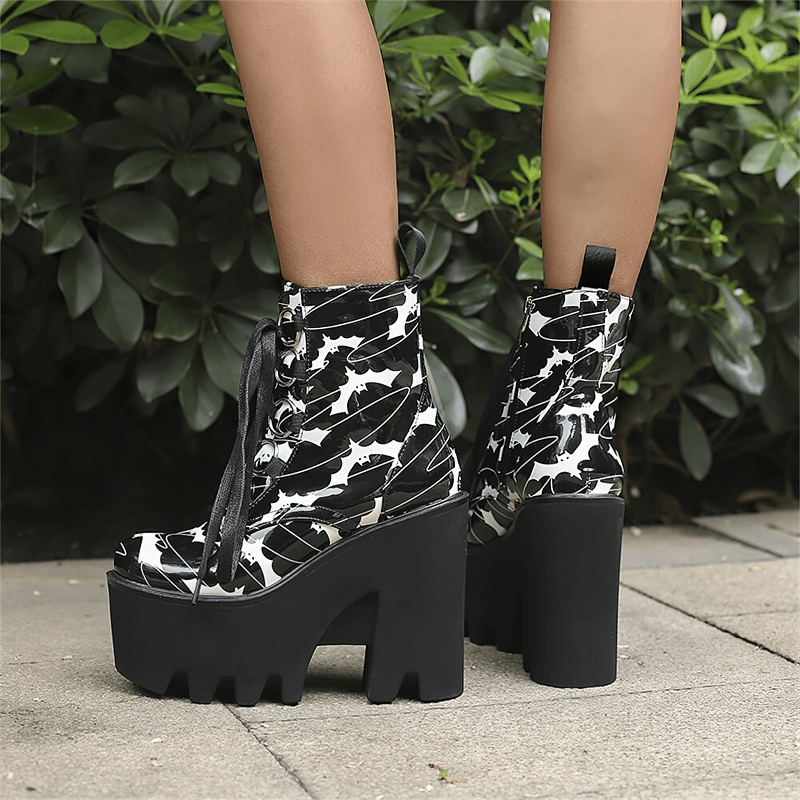 Ladies Goth Platform Ankle Boots with Bats Print / Fashion Thick High Heels Boots for Women - HARD'N'HEAVY