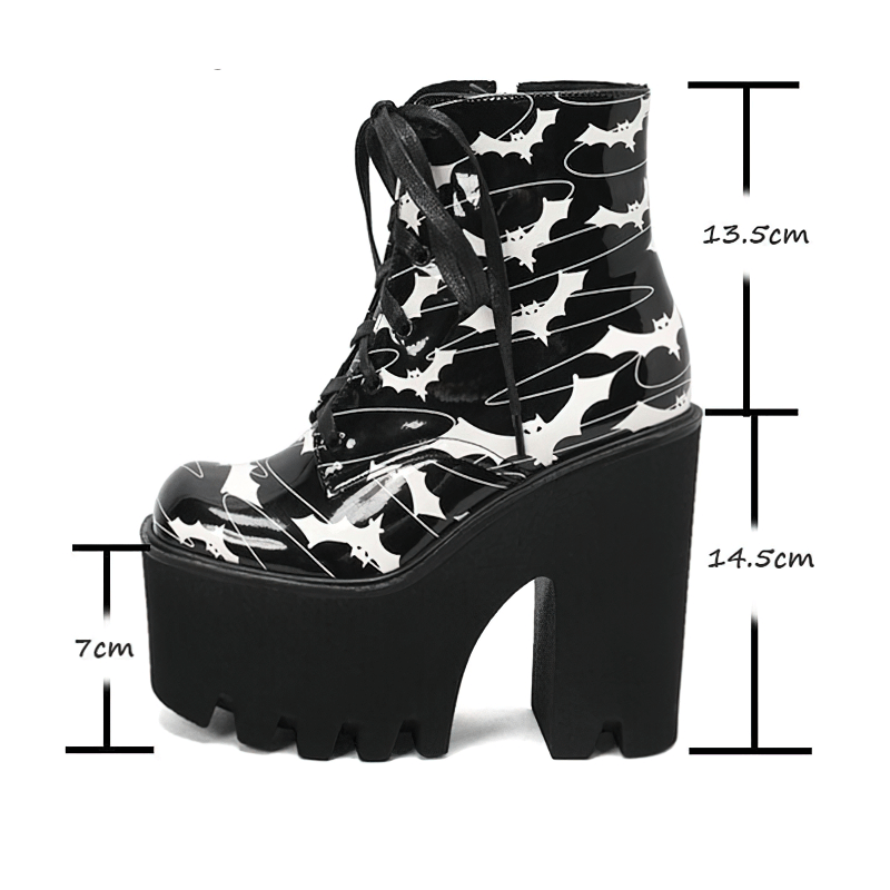 Ladies goth platform ankle boots with bats print, featuring thick high heels, stylish and bold for the edgy woman.