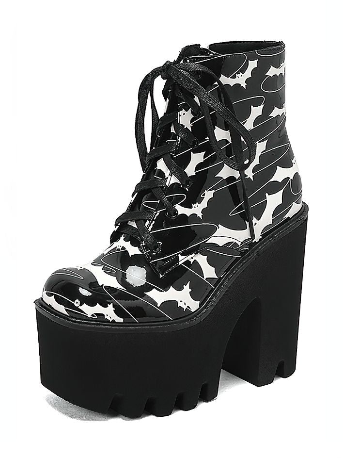 Ladies Goth Platform Ankle Boots with Bats Print / Fashion Thick High Heels Boots for Women