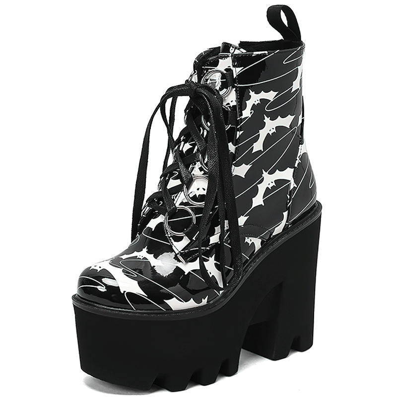 Ladies goth platform ankle boots with bats print, stylish and edgy high heels for modern fashion.