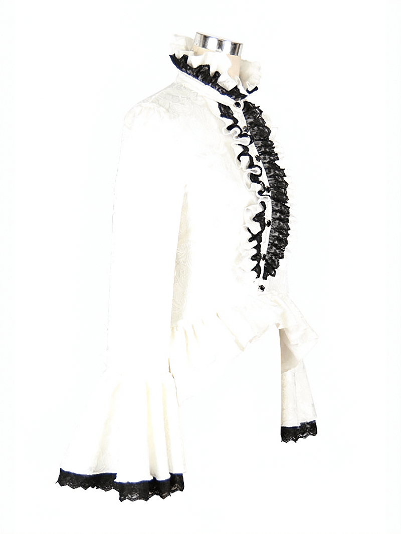 Elegant ladies white blouse with high collar, ruffles, and black lace, perfect for a gothic vintage style.