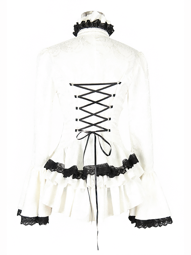 Back view of a ladies white high collar shirt with black lace, flared sleeves, and ruffles, perfect for gothic fashion.