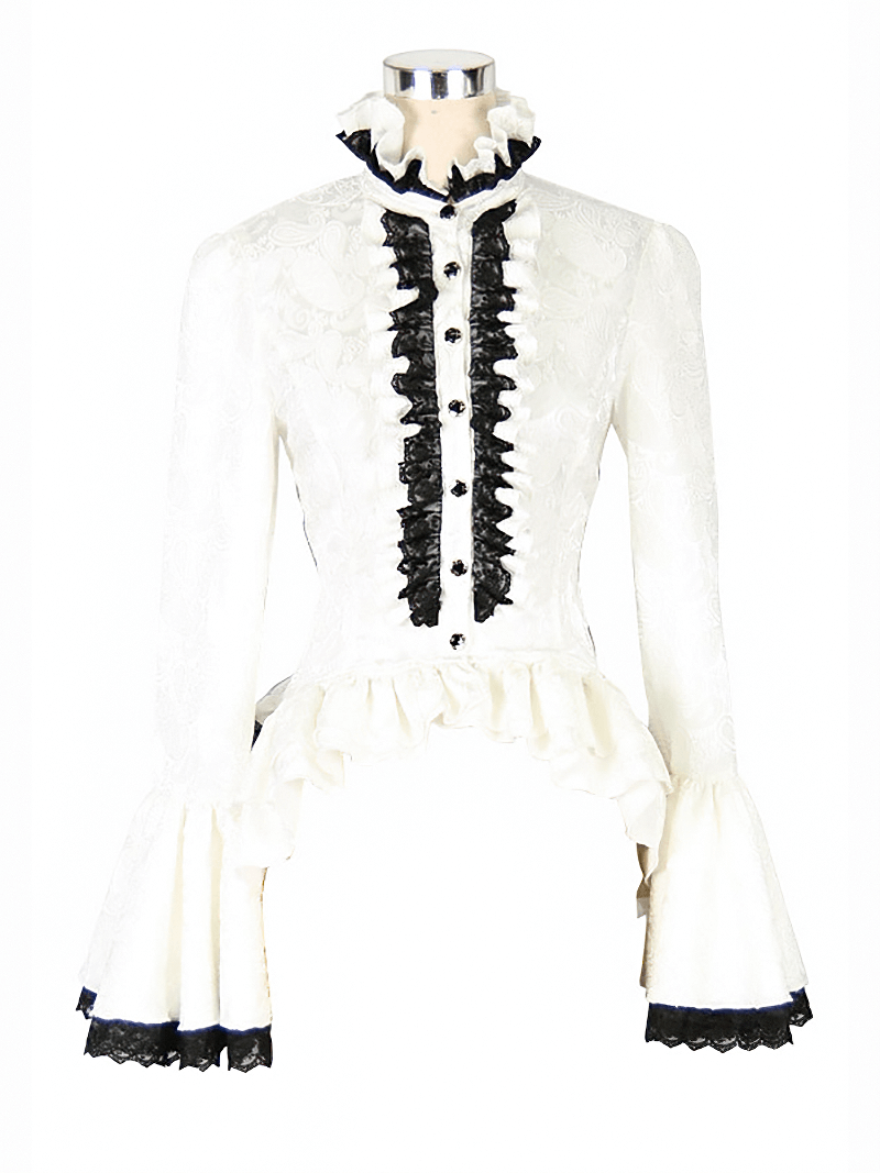 Elegant white gothic high collar shirt with ruffles and black lace, perfect for vintage style enthusiasts.