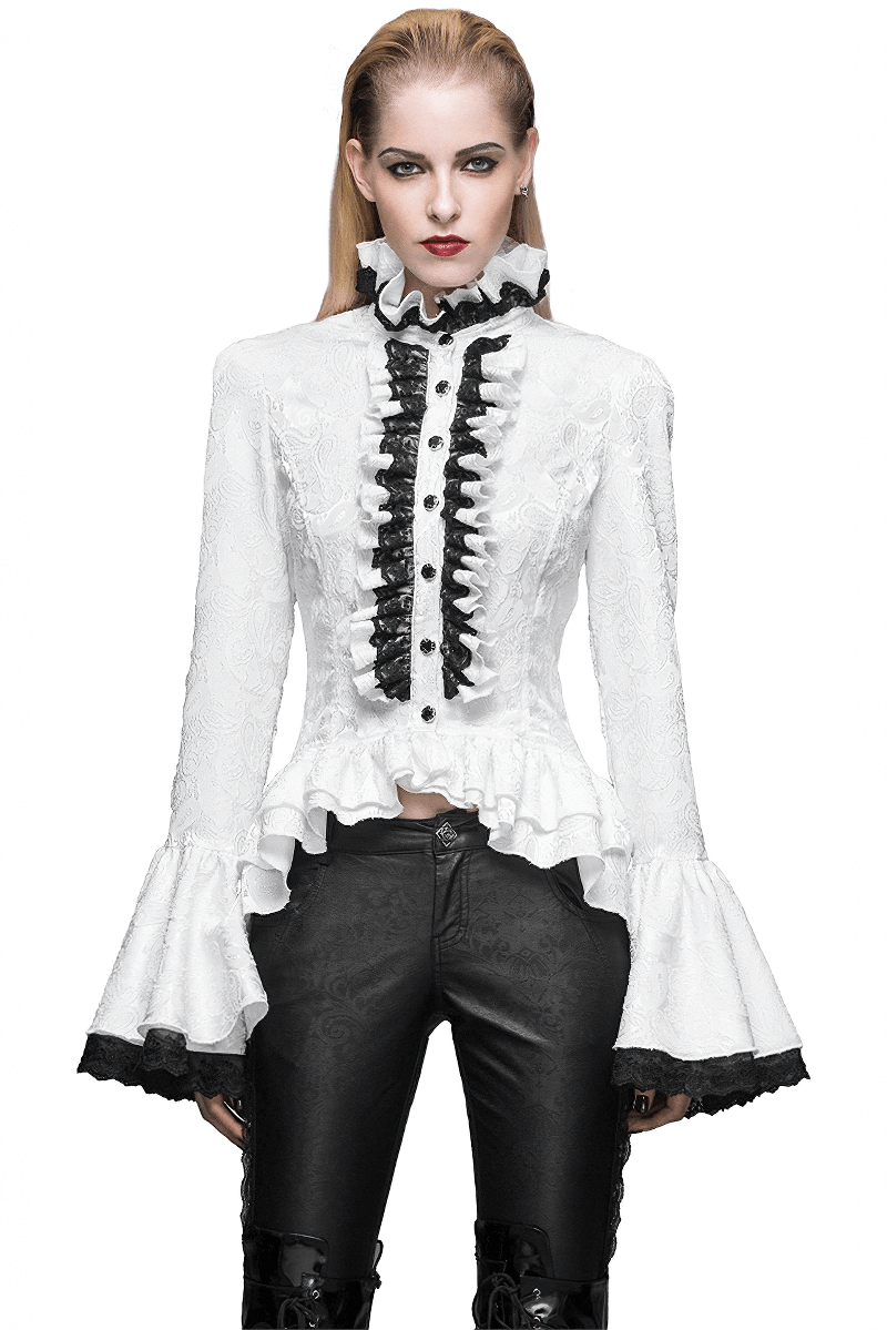 Elegant women's white high collar shirt with ruffles and black lace, perfect for gothic fashion, featuring flared sleeves.