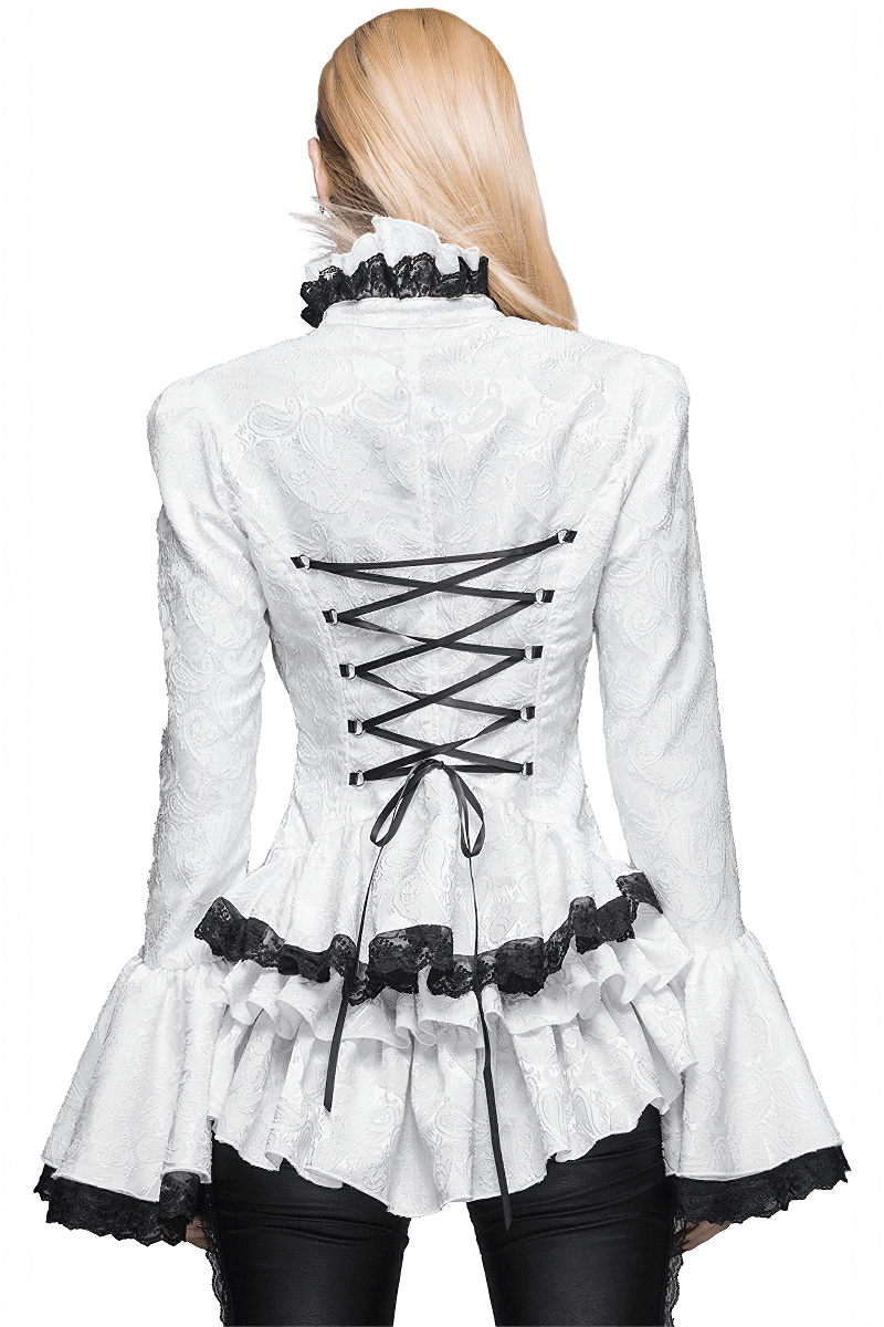 Ladies White High Collar Shirt With Ruffles & Black Lace / Gothic Womens Long Flared Sleeves Blouse - HARD'N'HEAVY