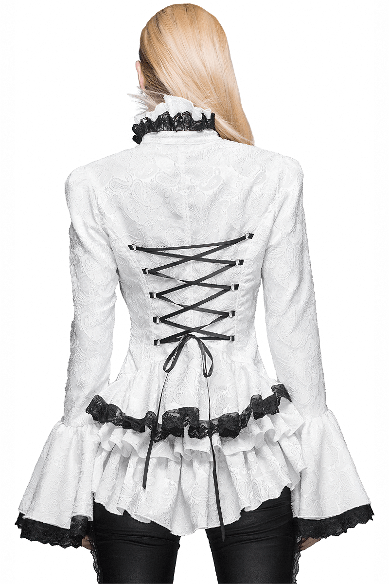 Back view of a ladies' white high collar shirt with ruffles and black lace, showcasing gothic elegance and vintage style.