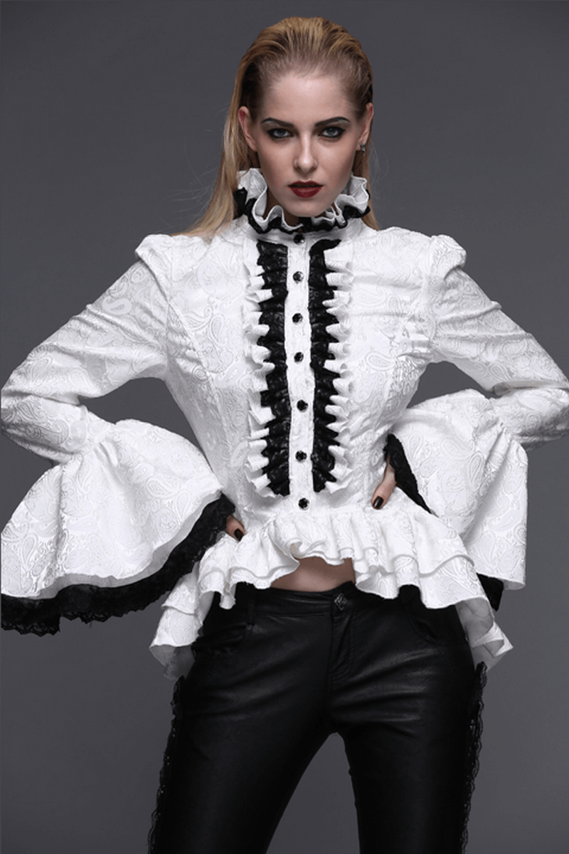 Gothic women's white shirt with ruffles, black lace, and long flared sleeves, perfect for a vintage-style wardrobe.