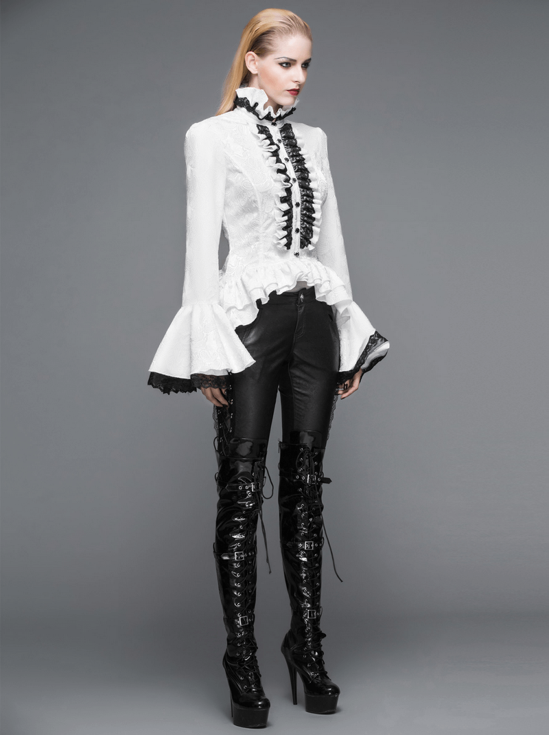 Elegant women's white high collar shirt with ruffles, paired with black flared sleeves and stylish gothic accessories.