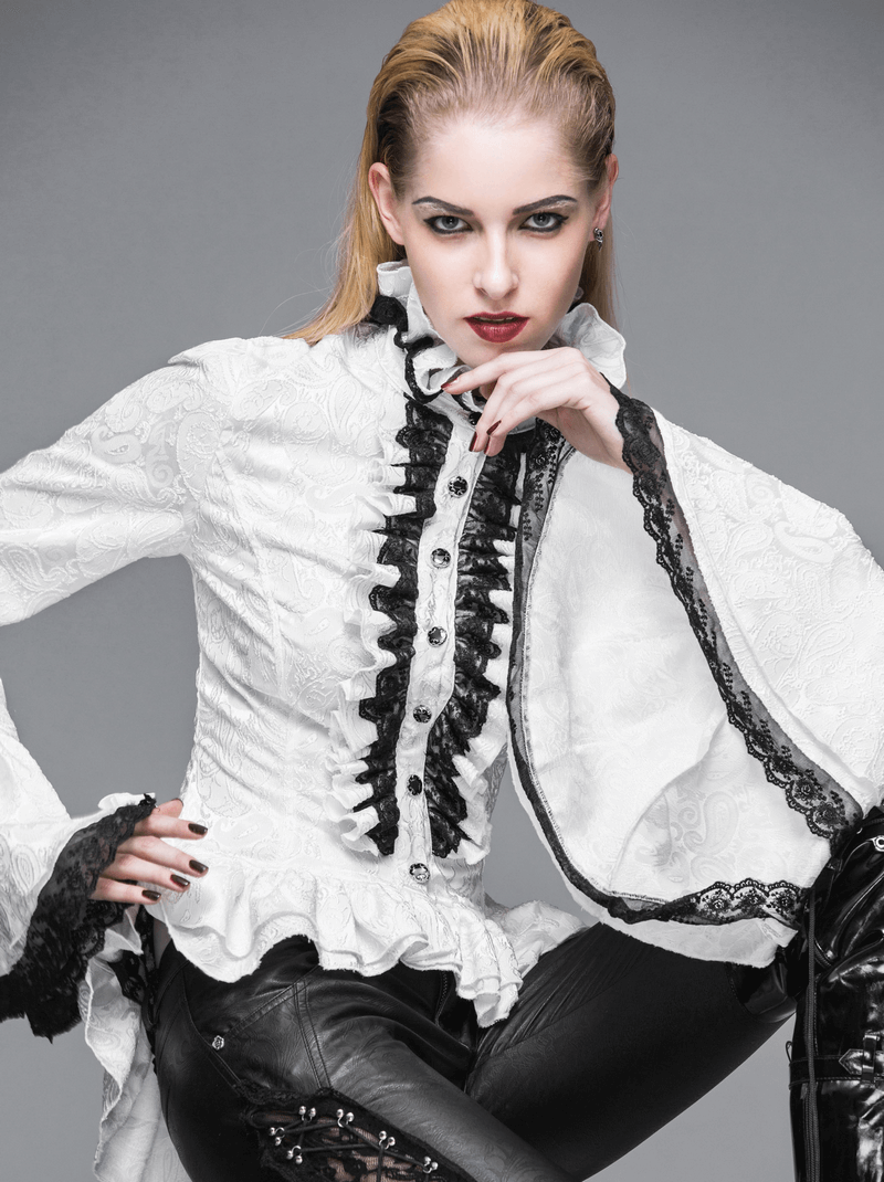 Ladies white high collar gothic shirt with ruffles and black lace, featuring long flared sleeves and stylish decor.