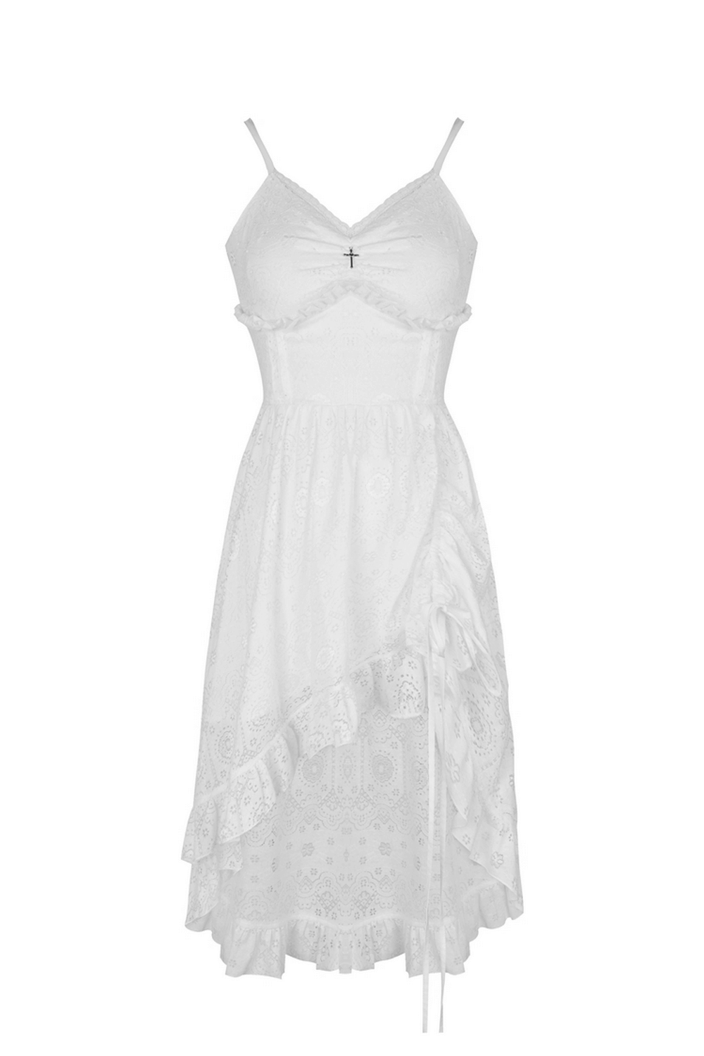 Ladies white lace midi dress with asymmetric hem and intricate lace detailing for a gothic style.