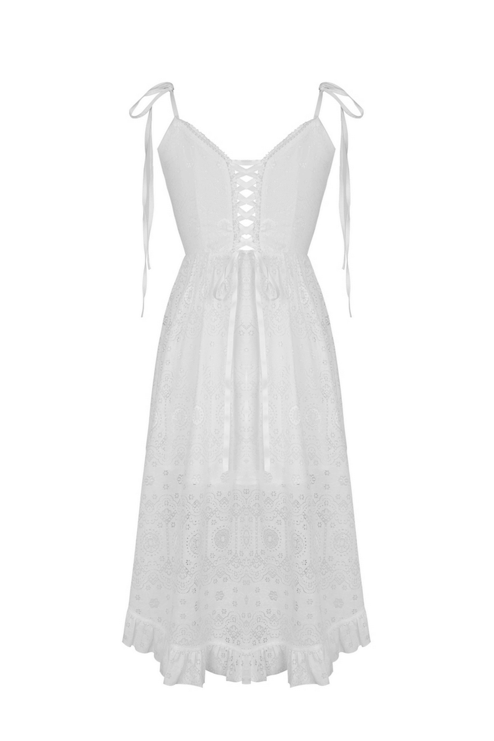 Ladies White Lace Midi Dress with Asymmetric Hem and adjustable straps, perfect for a gothic look.